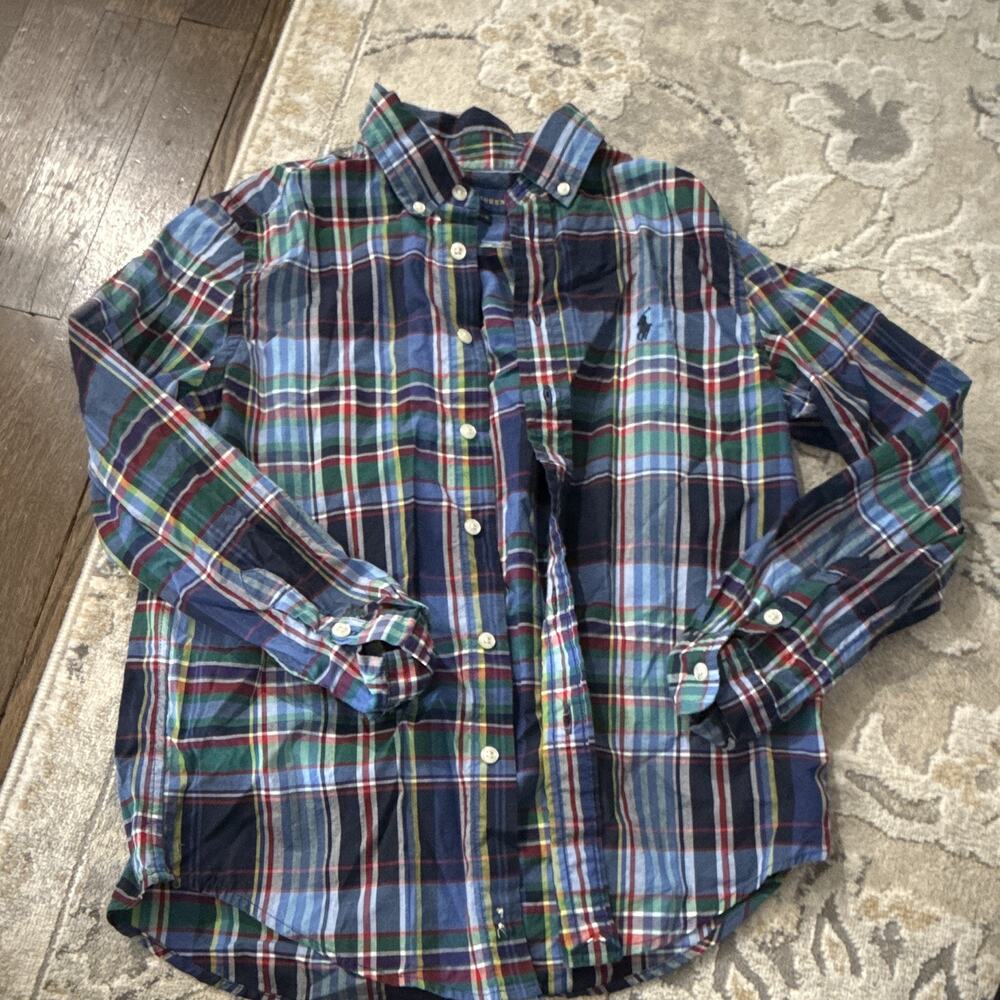 Ralph Lauren Boys M Multicolor Plaid Cotton Button-Up Long Sleeve Stretch Logo